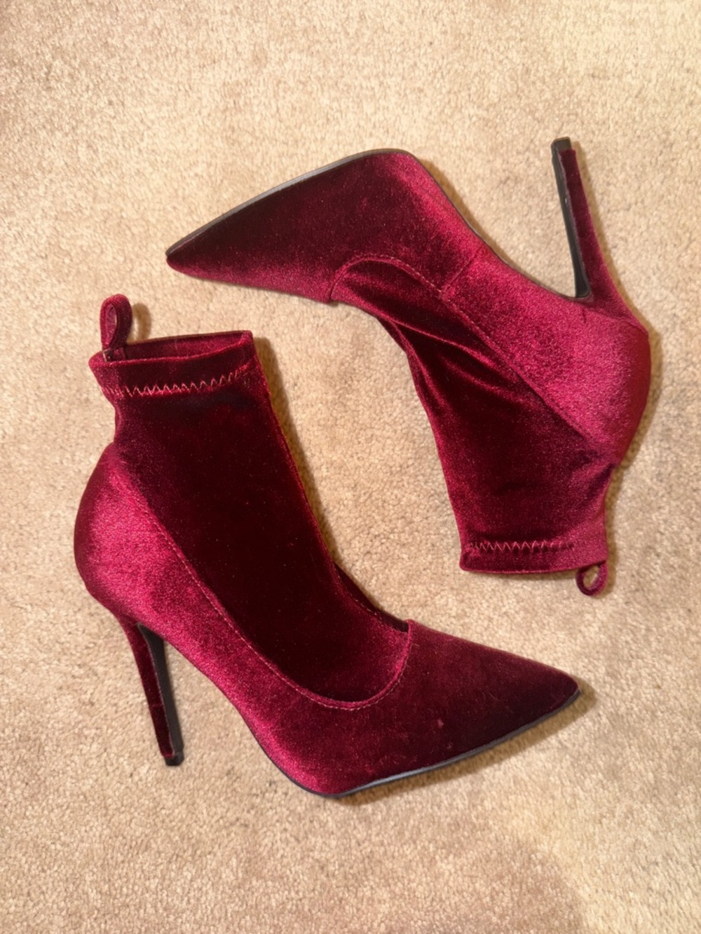 Qupid Wine Velvet Pointed Toe Ankle Boots - Picture 3 of 7